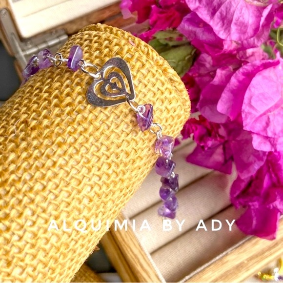 amethyst white gold heart rosary link dainty chain bracelet adjustable - Picture 6 of 11